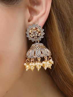 Karatcart - Antique Gold Plated Grey Meena Floral Jhumki Earrings for Women
