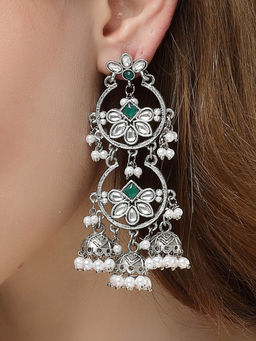 Karatcart - Oxidised Silver Floral Design Green Kundan Drop Earrings for Women