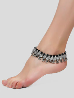 Karatcart - Silver Plated Black Beads Studded Kundan Anklet for Women