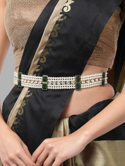 Karatcart - Green Carved Stone Studded Pearl and Kundan Beaded Kamarbandh for Women