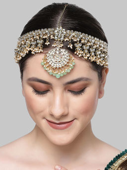 Karatcart - Gold Plated Light Green Beads Kundan Mathapatti for Women