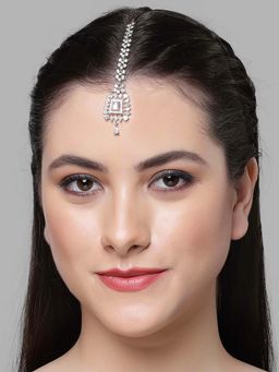 Karatcart - Silver Plated Square Design Ad Studded Maangtikka for Women