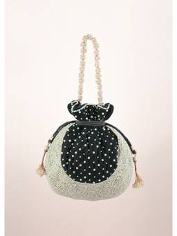 KALKI FASHION - Grey Potli Bag in Velvet with Moti Work in Crescent Design Along The Edge and Scatter