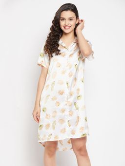 Clovia - Leaf Print Short Night Dress Satin White
