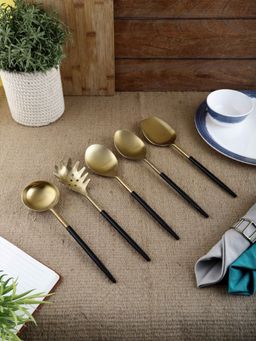 VarEesha - Radiant Black Handle Gold Steel Serving Spoons Set of Five