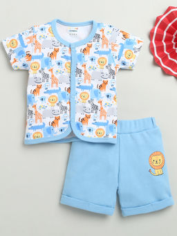 Bumzee - White & Blue Baby Boys Half Sleeves Jhabla & Short