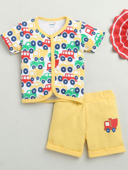 Bumzee - White & Yellow Baby Boys Half Sleeves Jhabla & Short