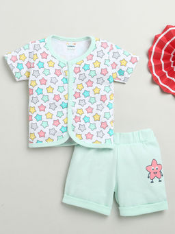 Bumzee - White & Mint Green Baby Boys Half Sleeves Jhabla & Short