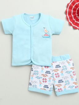 Bumzee - Sky Blue & White Baby Boys Half Sleeves Jhabla & Short