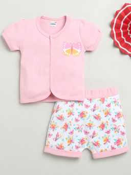Bumzee - Pink & White Baby Girls Half Sleeves Jhabla & Short