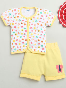 Bumzee - White & Yellow Baby Girls Half Sleeves Jhabla & Short