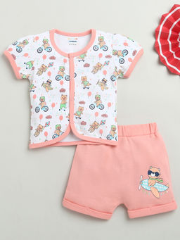 Bumzee - White & Peach Baby Girls Half Sleeves Jhabla & Short