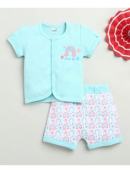 Bumzee - Sky Blue & White Baby Girls Half Sleeves Jhabla & Short