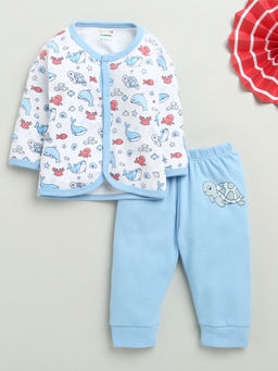 Bumzee - White & Blue Baby Boys Full Sleeves Jhabla & Pyjama
