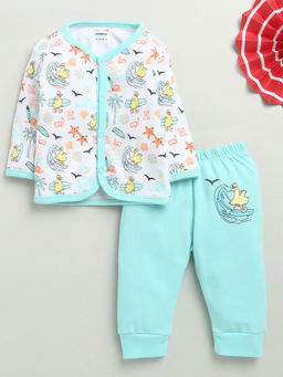Bumzee - White & Sky Blue Baby Boys Full Sleeves Jhabla & Pyjama