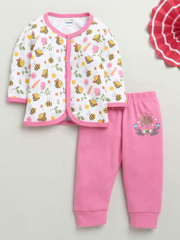 Bumzee - White & Pink Baby Girls Full Sleeves Jhabla & Pyjama