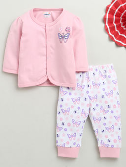 Bumzee - Pink & White Baby Girls Full Sleeves Jhabla & Pyjama