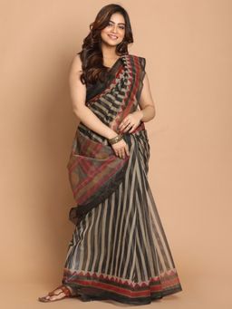 Indethnic - Black Stripes Cotton Blend Saree with Unstitched Blouse