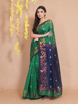CHARUKRITI - Green Cotton Zari Floral Motifs & Designs Handwoven Saree with Unstitched Blouse