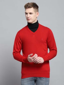Monte Carlo - Men's Solid Red V Neck Full Sleeve Sweater