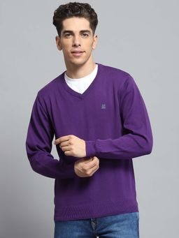 Monte Carlo - Men's Solid Purple V Neck Full Sleeve Sweater