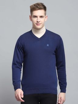 Monte Carlo - Men's Solid Navy Blue V Neck Full Sleeve Sweater