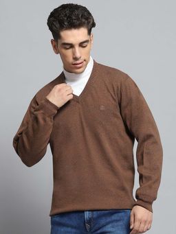 Monte Carlo - Men's Solid Brown V Neck Full Sleeve Sweater