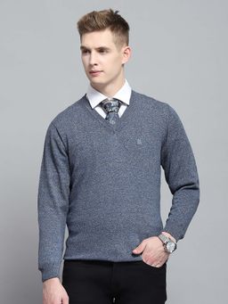 Monte Carlo - Men's Solid Blue V Neck Full Sleeve Sweater