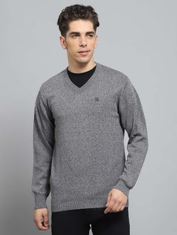 Monte Carlo - Men's Solid Grey V Neck Full Sleeve Sweater