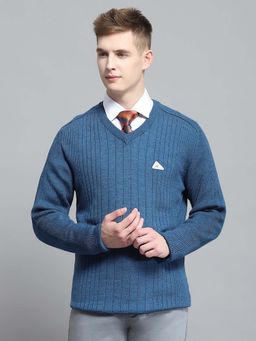 Monte Carlo - Men's Solid Blue V Neck Full Sleeve Sweater