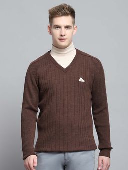 Monte Carlo - Men's Solid Dark Brown V Neck Full Sleeve Sweater