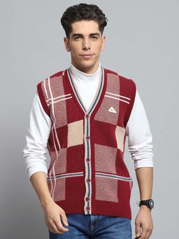 Monte Carlo - Men's Maroon V Neck Sleeveless Cardigan