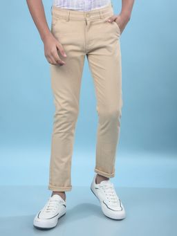 CRIMSOUNE CLUB - Beige Solid Slim Fit Trousers