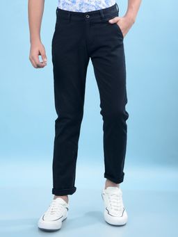 CRIMSOUNE CLUB - Navy Blue Solid Slim Fit Trousers