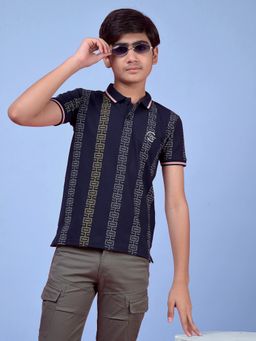 CRIMSOUNE CLUB - Navy Blue Stripes Regular Fit Polo T-Shirt