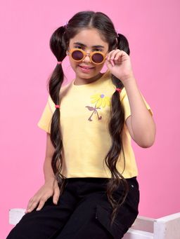 CRIMSOUNE CLUB - Girl's Yellow Graphic Print Cropped Oversize T-Shirt