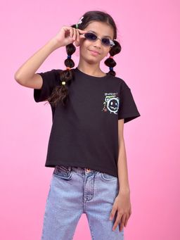CRIMSOUNE CLUB - Girl's Black Graphic Print Oversize T-Shirt