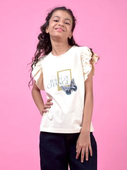 CRIMSOUNE CLUB - Cream Embellished Regular Fit T-Shirt