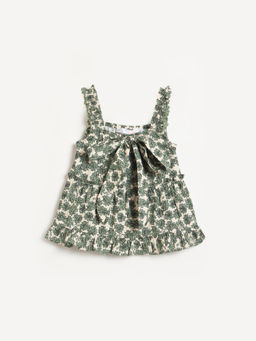 ELLE - Girls Green Printed Pleat Puff Elasticated Relaxed Fit Top