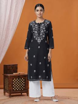 PARAMOUNT CHIKAN - Women's Black Hand Embroidered Chikankari Cotton Straight Kurta