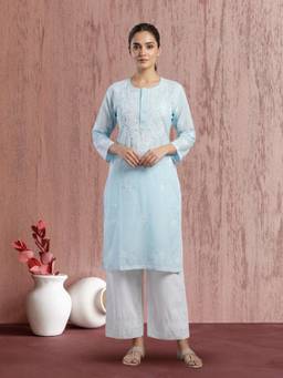 PARAMOUNT CHIKAN - Women's Blue Hand Embroidered Chikankari Cotton Straight Kurta