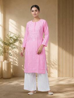 PARAMOUNT CHIKAN - Women's Pink Hand Embroidered Chikankari Cotton Straight Kurta