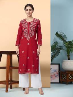 PARAMOUNT CHIKAN - Women's Maroon Hand Embroidered Chikankari Cotton Straight Kurta