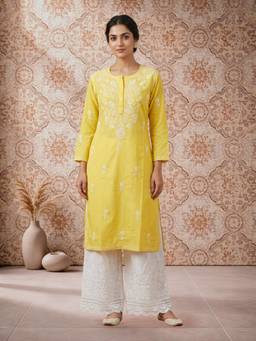 PARAMOUNT CHIKAN - Women's Yellow Hand Embroidered Chikankari Cotton Straight Kurta
