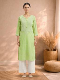 PARAMOUNT CHIKAN - Women's Green Hand Embroidered Chikankari Cotton Straight Kurta