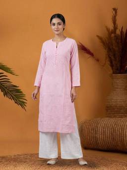 PARAMOUNT CHIKAN - Women's Pink Hand Embroidered Chikankari Cotton Straight Kurta