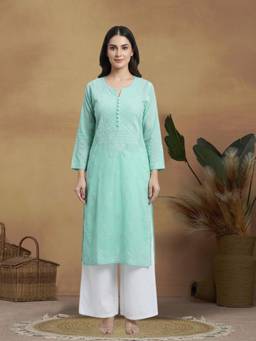 PARAMOUNT CHIKAN - Women's Green Hand Embroidered Chikankari Cotton Straight Kurta