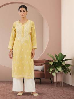 PARAMOUNT CHIKAN - Women's Yellow Hand Embroidered Chikankari Cotton Straight Kurta