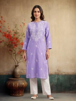 PARAMOUNT CHIKAN - Women's Lavender Hand Embroidered Chikankari Cotton Straight Kurta