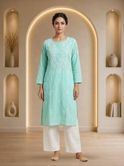 PARAMOUNT CHIKAN - Ethnic Motifs Chikankari Cotton Straight Kurta